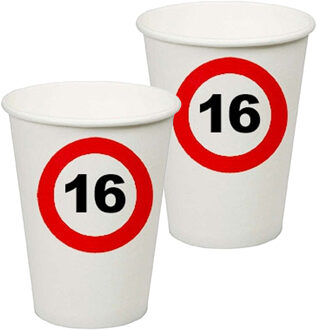 Verjaardagsfeest leeftijd bekertjes 16 jaar - 16x stuks - papier - thema leeftijd stopbord