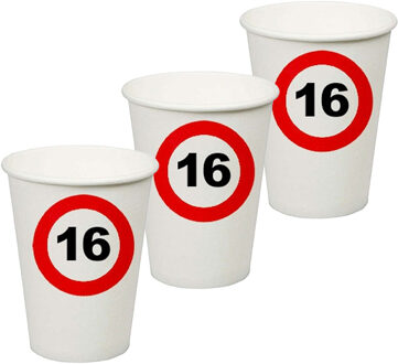 Verjaardagsfeest leeftijd bekertjes 16 jaar - 24x stuks - papier - thema leeftijd stopbord
