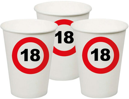 Verjaardagsfeest leeftijd bekertjes 18 jaar - 24x stuks - papier - thema leeftijd stopbord