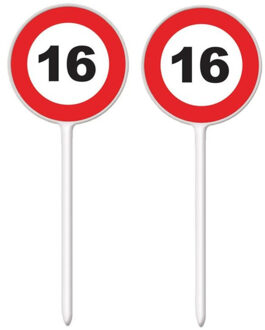 Verjaardagsfeest leeftijd cocktailprikkers - 16 jaar - 24x stuks - thema stopbord - sweet sixteen