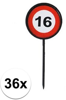 Verjaardagsfeest leeftijd cocktailprikkers - 16 jaar - 36x stuks - thema stopbord - sweet sixteen