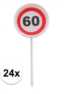 Verjaardagsfeest leeftijd cocktailprikkers - 60 jaar - 24x stuks - thema stopbord - hapjes prikker Multi