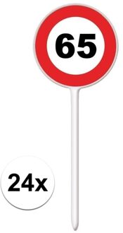 Verjaardagsfeest leeftijd cocktailprikkers - 65 jaar - 24x stuks - thema stopbord - hapjes prikker
