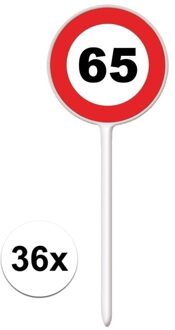 Verjaardagsfeest leeftijd cocktailprikkers - 65 jaar - 36x stuks - thema stopbord - hapjes prikker Multi