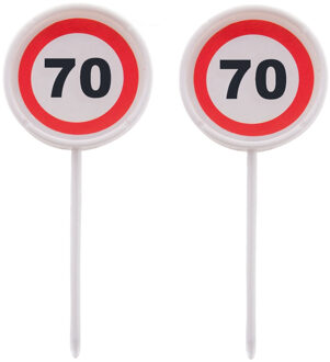 Verjaardagsfeest leeftijd cocktailprikkers - 70 jaar - 36x stuks - thema stopbord - hapjes prikker