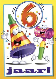 Verjaardagskaart 6 Jaar Feesttoeters Multikleur - Print