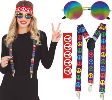 Verkleed accessoire set Hippie - Carnavalskleding - 3-delig - hoofdband/bril/bretels Multi