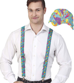 Verkleed bretels en pet - jaren 80/90 printje - blauw - volwassenen - 80s/90s - verkleedaccessoires