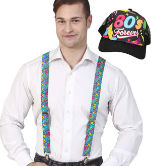 Verkleed bretels en pet - jaren 80/90 printje - blauw - volwassenen - 80s/90s - verkleedaccessoires