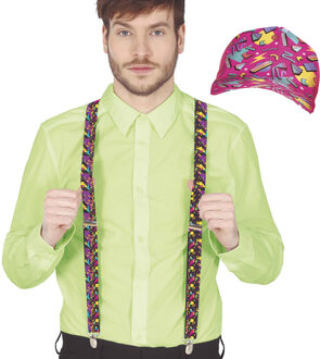 Verkleed bretels en pet - jaren 80/90 printje - roze - volwassenen - 80s/90s - verkleedaccessoires