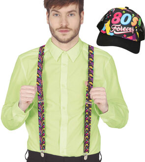 Verkleed bretels en pet - jaren 80/90 printje - roze - volwassenen - 80s/90s - verkleedaccessoires