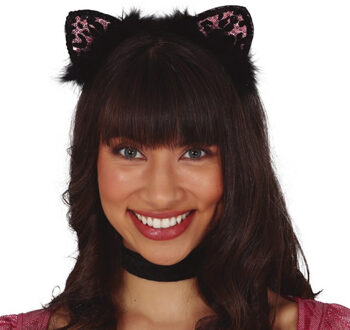 Verkleed diadeem katten/poezen/luipaard oren/oortjes - meisjes/dames - Carnaval Roze