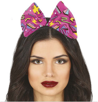 Verkleed diadeem met strik - roze - foute 80s/90s party themafeest accessoires voor dames