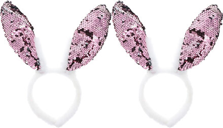 Verkleed diadeem paashaas/bunny oren - 2x - pailletten - roze/wit - one size