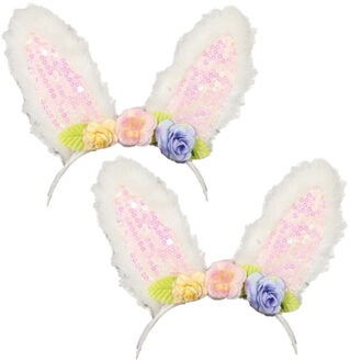 Verkleed diadeem paashaas/bunny oren met bloemen - 2x - wit - meisjes/dames - Carnaval