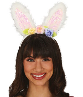 Verkleed diadeem paashaas/bunny oren met bloemen - wit - meisjes/dames - Carnaval