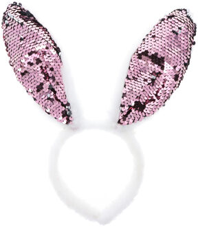 Verkleed diadeem paashaas/bunny oren - pailletten - roze/wit - one size