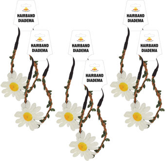 Verkleed haarband met bloem - 6x - wit - meisjes/dames - Hippie/flower Power