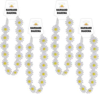 Verkleed haarband met bloemen - 4x - wit - meisjes/dames - Hippie/flower Power