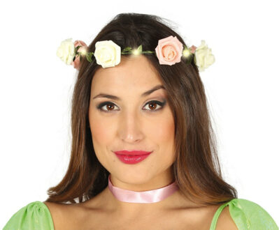Verkleed haarband met bloemen en lampjes - roze - meisjes/dames - Hippie/Flower Power bloemenkrans
