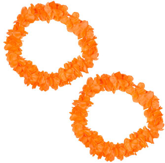 Verkleed Hawaii bloemen slingers - 2x - neon oranje - Koningsdag/oranjefeest thema