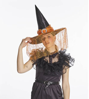 Verkleed heksenhoed - met sluier - zwart/oranje - voor volwassenen - Halloween hoofddeksels