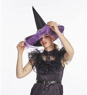 Verkleed heksenhoed - met sluier - zwart/paars - voor volwassenen - Halloween hoofddeksels