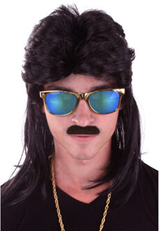 Verkleed - herenpruik met mat - Zwart - 80s pruik - Feestartikelen - Carnaval