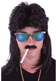 Verkleed - herenpruik met mat - Zwart - 80s pruik - Feestartikelen - Carnaval