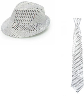 Verkleed hoedje en stropdas - Zilver glitters - Verkleedkleding heren - Disco - Glitter and glamour