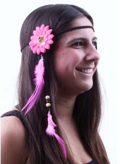 Verkleed hoofdband met roze bloem en veren