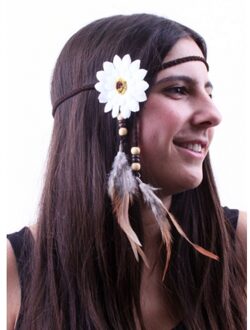 Verkleed hoofdband met witte bloem en veren