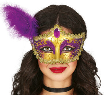 Verkleed oogmasker Venitiaans - paars met veer - volwassenen - Carnaval/gemaskerd bal