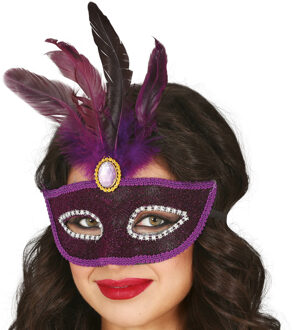 Verkleed oogmasker Venitiaans - paars met veren - volwassenen - Carnaval/gemaskerd bal