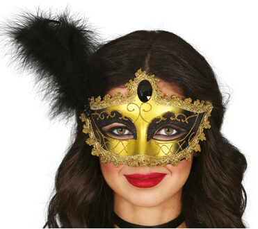 Verkleed oogmasker Venitiaans - zwart met veer - volwassenen - Carnaval/gemaskerd bal