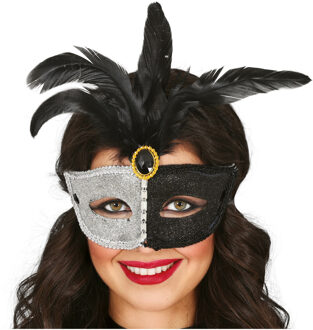 Verkleed oogmasker Venitiaans - zwart/zilver met veren - volwassenen - Carnaval/gemaskerd bal