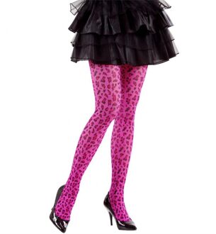 Verkleed panty - neon roze - luipaard print - dames - 40 denier - one size S/M