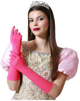 Verkleed party handschoenen voor dames - polyester - fuchsia roze - one size - lang model