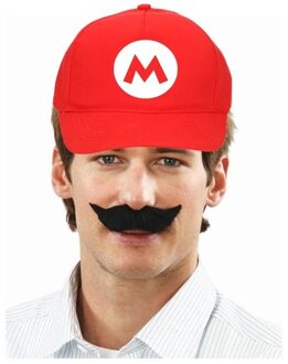 Verkleed pet / carnaval pet Mario rood met verkleed snorretje voor kinderen - Verkleedattributen