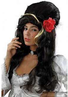 Verkleed pruik Amy Winehouse - zwart - met bloem - damespruik celeberties