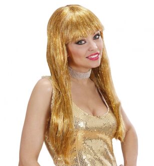 Verkleed pruik - goud - glitter - damespruik - tinsel/folie verkleedpruiken