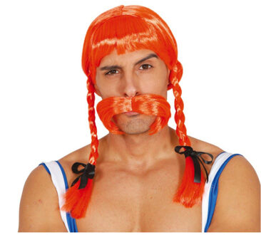 Verkleed pruik heren Galli?r - pruik en snor - oranje - lang - ruig/grof/barb