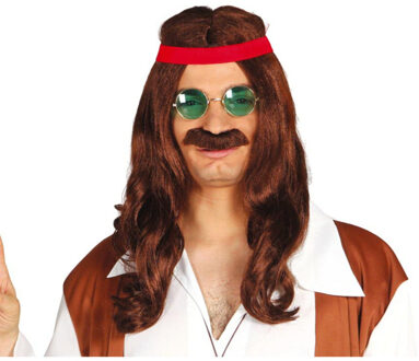 Verkleed pruik heren Hippie - haar en snor met hoofdband - bruin - stoner/chong/70's