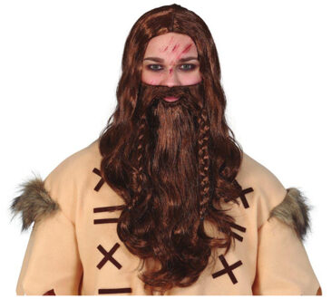 Verkleed pruik heren Viking - pruik en baard - bruin - lang haar en baard