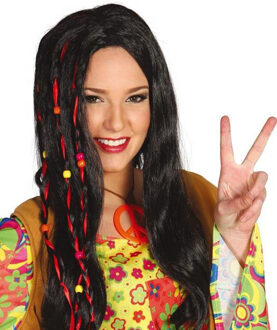 Verkleed pruik jaren 70 voor dames - hippie stijl - zwart - stijl - met kralen - thema feest