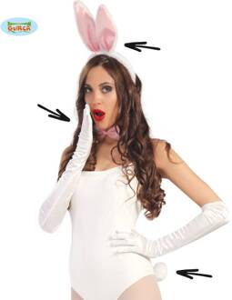 Verkleed set byny/konijn - staart/strikje/oren - wit/roze - dames - vrijgezellenfeest/paashaas