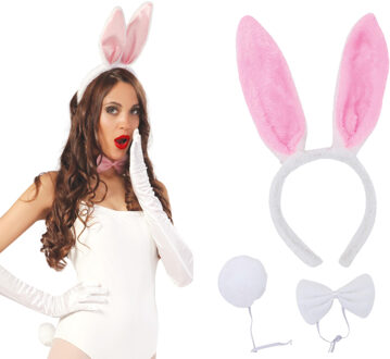 Verkleed set byny/konijn - staart/strikje/oren - wit/roze - dames - vrijgezellenfeest/paashaas