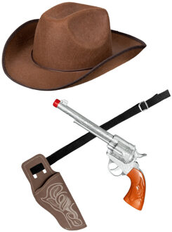 Verkleed set cowboyhoed Rodeo bruin - met holster en pistool - voor volwassenen
