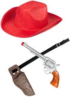 Verkleed set cowboyhoed Rodeo rood - met holster en pistool - voor volwassenen