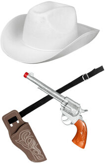 Verkleed set cowboyhoed Rodeo wit - met holster en pistool - voor volwassenen